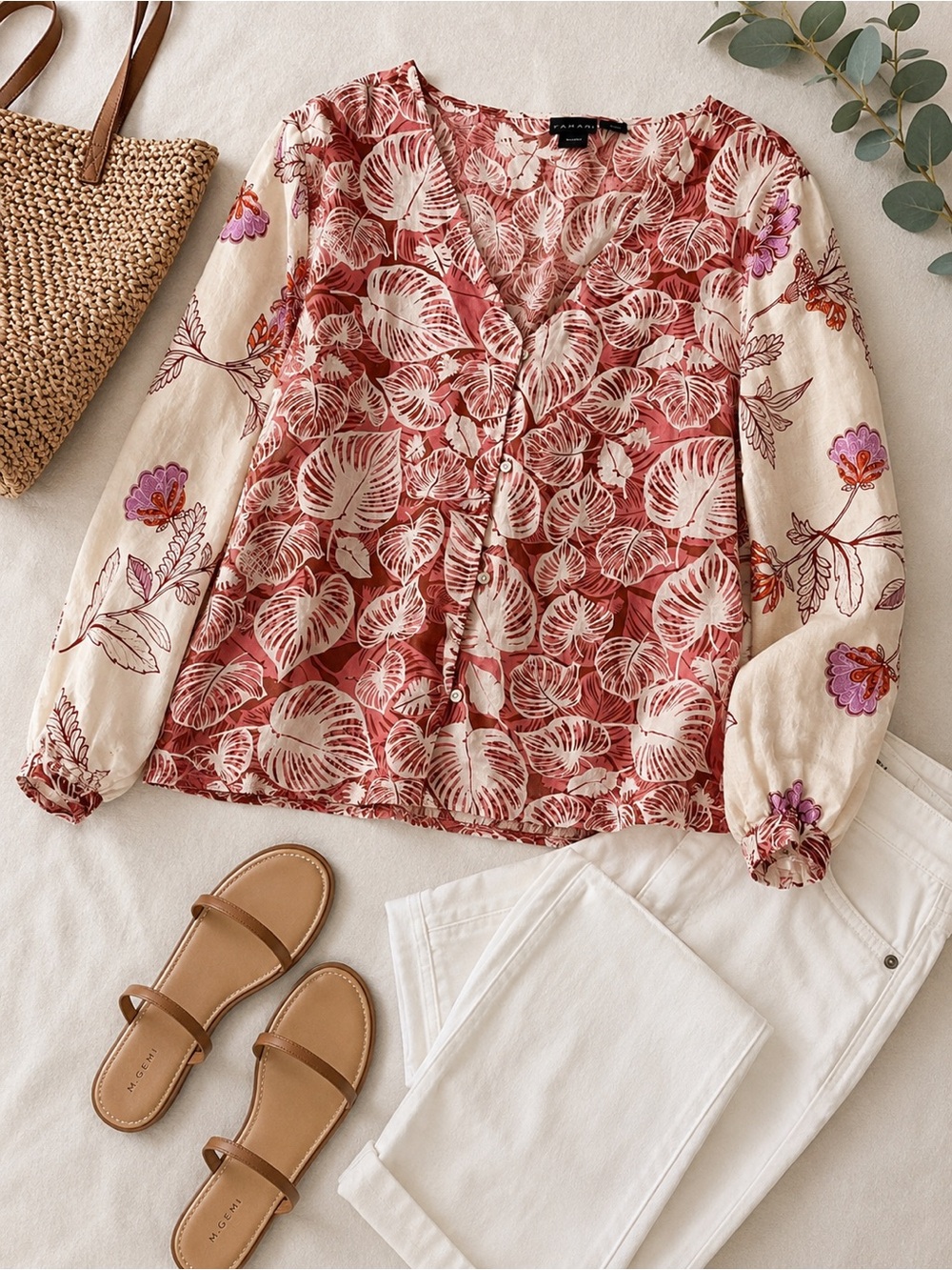 tahari • 100% Linen Tropical Leaf Print Blouse Large Boho Coastal Resort AOP